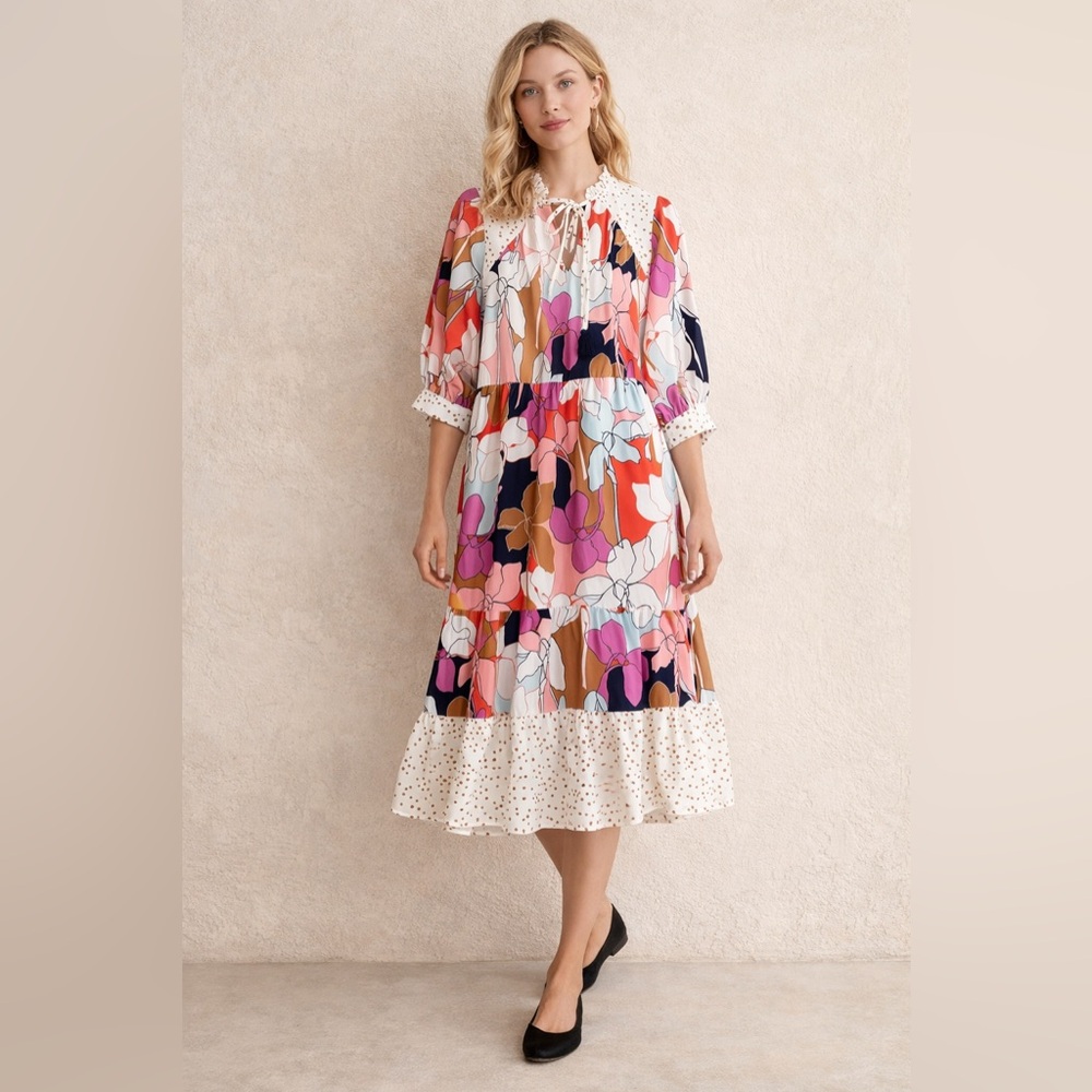 Crosby by Mollie‎ Burch Floral Tiered Tie Neck Midi Dress Size Small